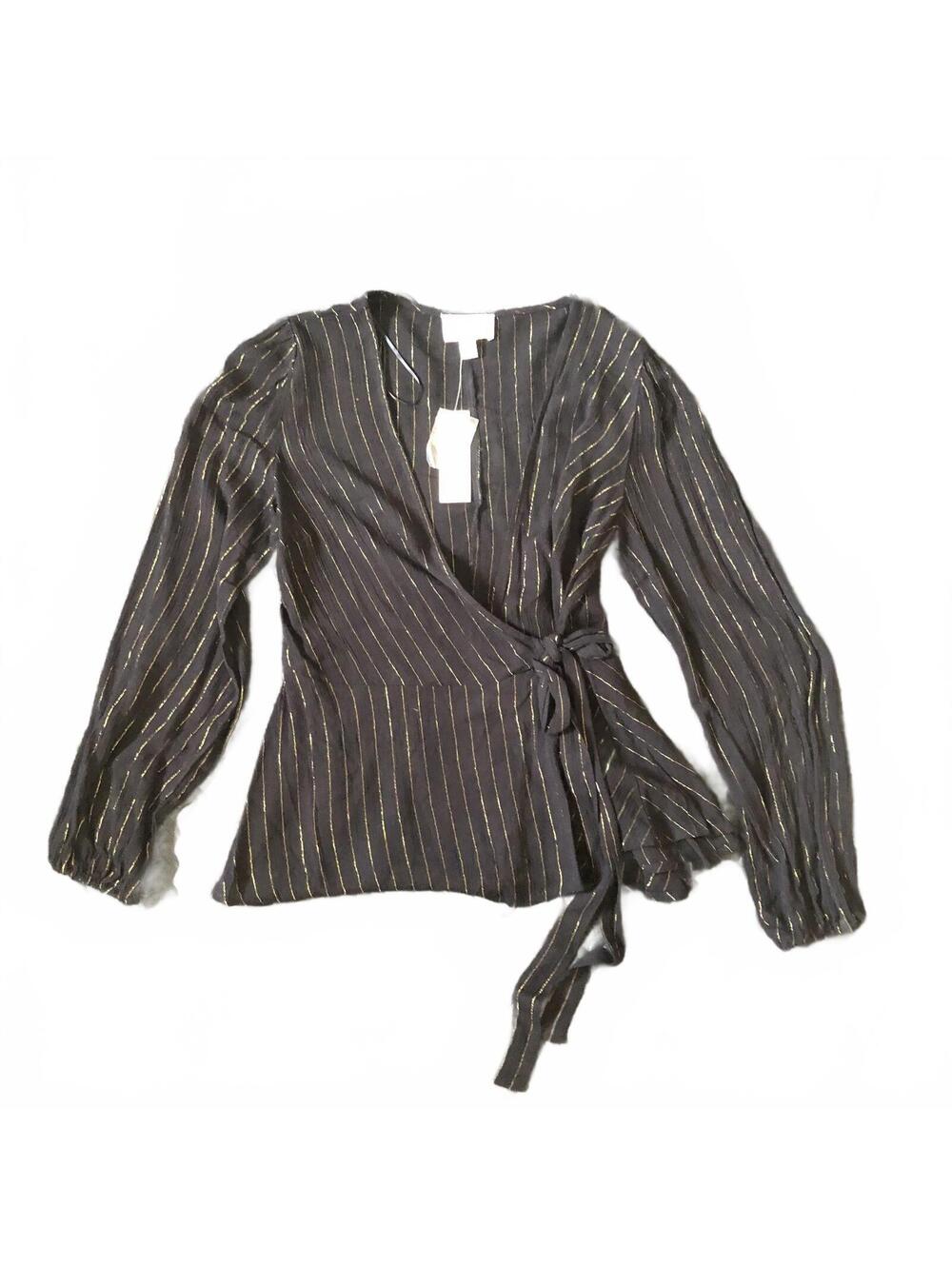 June & Ivy Black and Gold Striped Wrap Blouse